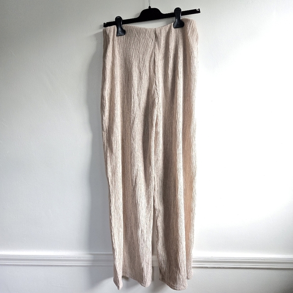 New Zara Textured Pull-On Elastic Waistband Wide Leg Beige Pants Size Large NWT - Picture 5 of 8
